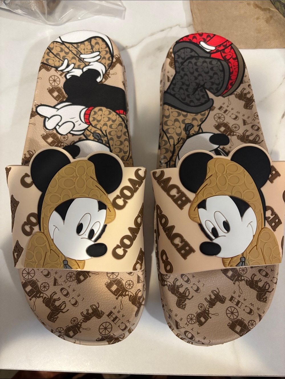 Coach unisex Mickey Mouse Slide Sandals in Tan and Black